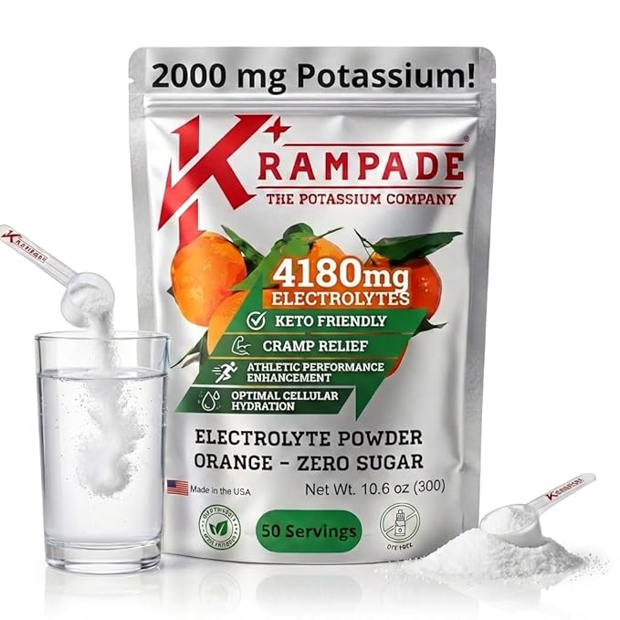 Krampade High Potassium Electrolytes Powder Zero Sugar Orange 4180mg Electrolytes 2000mg Potassium Cramp Relief &amp Prevention Cellular Hydration Better Endurance &amp Recovery Keto 50 Servi