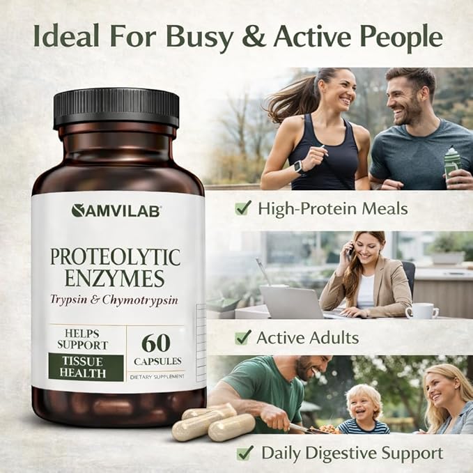 Proteolytic Enzymes | Trypsin &amp Chymotrypsin – Advanced Digestive Enzyme Supplement for Woman&ampMen - Digestive Enzymes for Protein Breakdown Immune &amp Circulatory Health - 60 Capsules