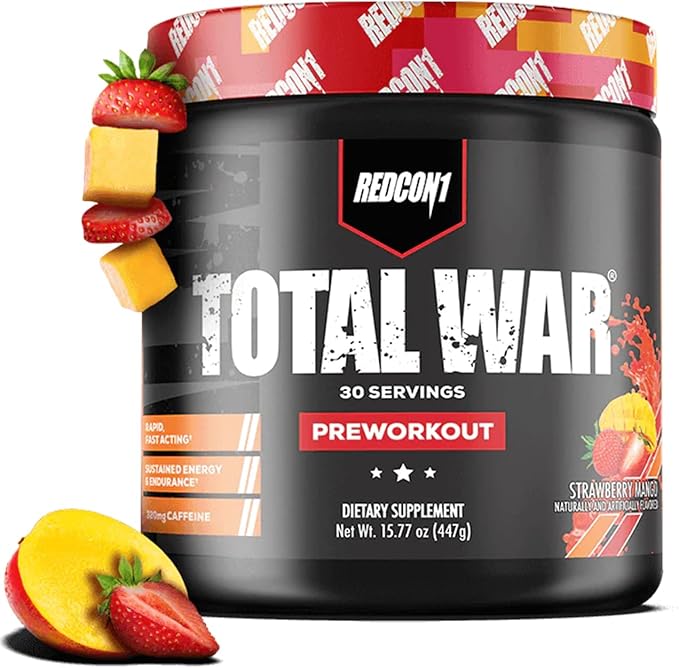 REDCON1 Total War Pre Workout Strawberry Mango - L Citrulline Malic Acid Green Tea Leaf Extract for Pump Boosting Pre Workout for Women &amp Men - 3.2g Beta Alanine to Reduce Exhaustion 30 Servin