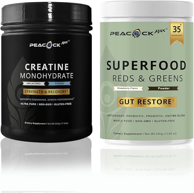 Superfood Reds &amp Greens Powder (11.64oz) and Creatine Monohydrate Powder (500g) Bundle - Plant-Based Unflavored - Non-GMO Gluten-Free Lactose &amp Soy Free