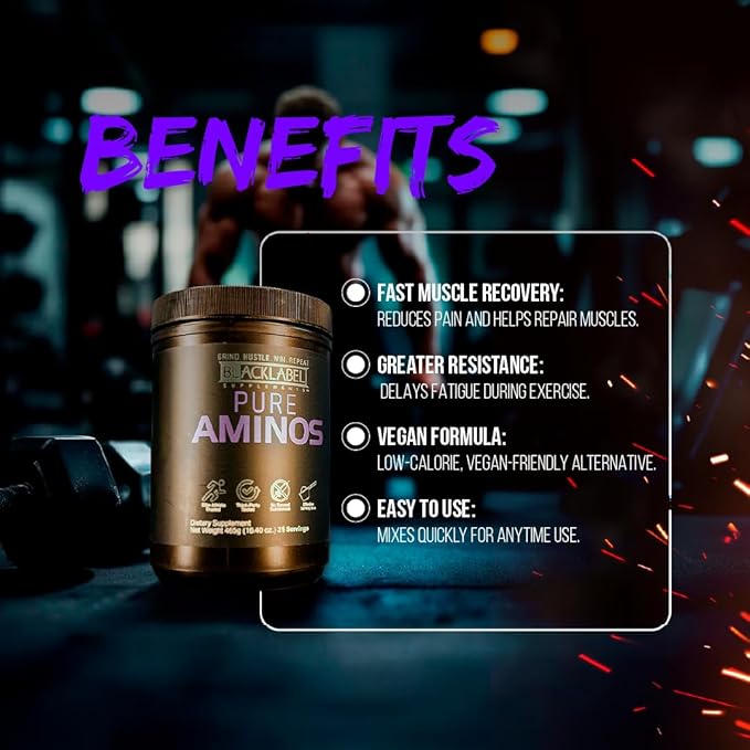 BLACKLABEL Supplements Pure AMINOS Essential Amino Acids Grape Crush 31 Servings – Vegan Post-Workout Recovery Powder – Low Calorie Amino Acid Supplement for Muscle Support and Performance