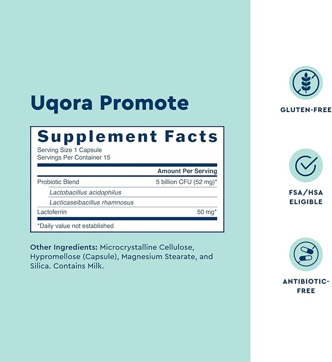 Uqora Promote - Support Vaginal Health* - Probiotic for Women with Lactoferrin Lactobacillus Acidophilus &amp Lacticaseibacillus Rhamnosus - Vaginal Probiotics - Gluten-Free - 15 Capsules