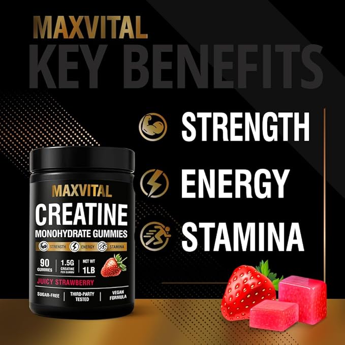 Creatine Monohydrate Gummies 1500 mg – Juicy Strawberry Chewable – Pre-Workout for Strength &amp Muscle Support – Vegan Sugar-Free &amp Halal – for Men &amp Women – 90 Gummies