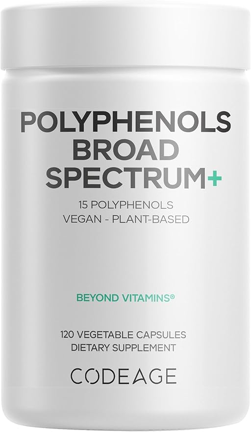 Codeage Polyphenols Broad Spectrum Supplement - Blend of 15 Berries Fruits and Botanical Extracts Decaf Green Tea Leaf Quercetin Resveratrol Pomegranate Turmeric - Non-GMO - 120 Capsules