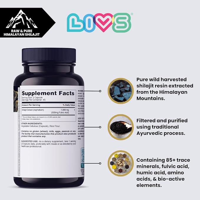 LIVS Himalayan Shilajit for Men 1000mg per Serving with 50% Fulvic Acid | Supports Energy Immune Health &amp Vitality | Vegan Gluten-Free with Probiotics – 180 Capsules