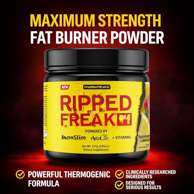Pharmafreak Ripped Freak Fat Burner Powder – Maximum Strength Thermogenic Formula for Men &amp Women | Energy Focus &amp Weight Loss Support | Raspberry Lemonade | 217g