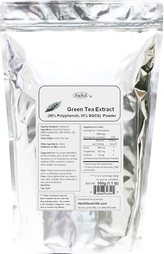 Green Tea Extract Bulk Powder Standardized 98% Polyphenols and 50% EGCG GMO Free Non-Irradiated (500 gram (1.1 lb))