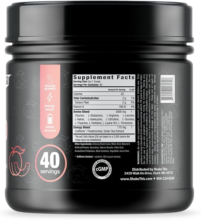 Amino+ Powder - Pre and Post Workout with Caffeine + Green Tea Extract - BCAA Amino Acids Zero Sugar Low Calorie Superior Taste 40 Servings (Peach Mango)