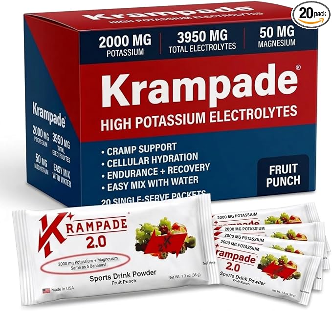 Krampade High Potassium Electrolytes Powder Fruit Punch 3950mg Electrolytes 2000mg Potassium 50mg Magnesium Cramp Relief &amp Prevention Cellular Hydration Better Endurance &amp Recovery 20 P