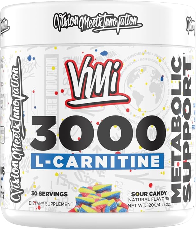 VMI Sports L-Carnitine 3000 Powder | 3000 mg L-Carnitine | Metabolic Support Maximum Absorption Formula | Great Taste for Men &amp Women | 30 Servings (30 Servings Sour Candy)