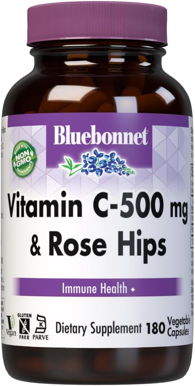 Bluebonnet Vitamin C 500 mg Plus Rosehips Vegetable Capsules 180 Count