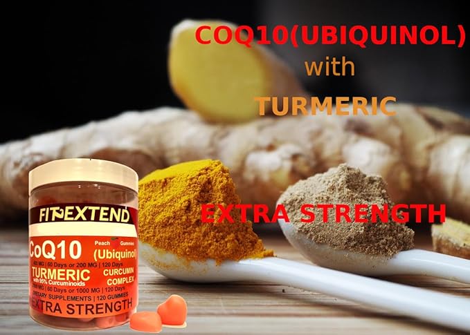 COQ10 200mg Ubiquinol &amp Turmeric Gummies 1000mg 120 Days Peach Turmeric Gummies Anti-Aging Extra Strength Curcumin Antioxidant Formula Extra Strength Unisex