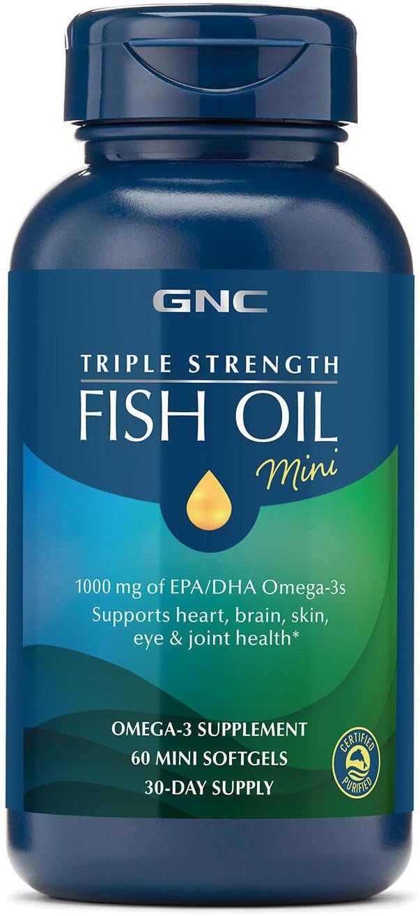 GNC Triple Strength Fish Oil Mini Omega 3 Supplement 1000mg EPA and DHA Supports Heart Brain Skin Eye and Joint Health 60 Mini Softgels
