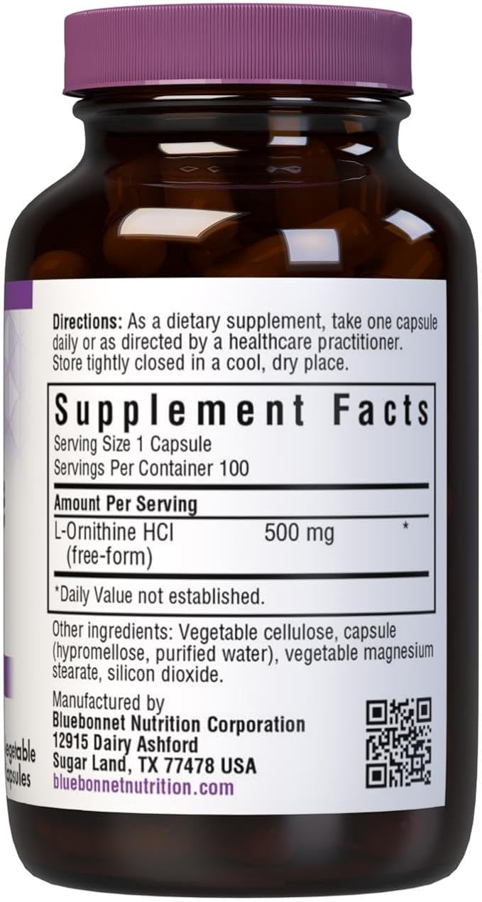 Bluebonnet Nutrition L-Ornithine 500mg Free-Form Amino Acid for Healthy Protein Metabolism* Soy-Free Gluten-Free Non-GMO Kosher Certified Vegan 100 Vegetable Capsules 100 Servings