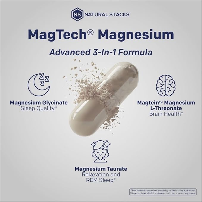 MagTech Magnesium Complex for Women &amp Men - 3 Forms of Magnesium: Glycinate Magtein L-Threonate &amp Taurate - 200mg Chelated Complex - Support for Relaxation &amp Brain Health - 90 Glycinate C