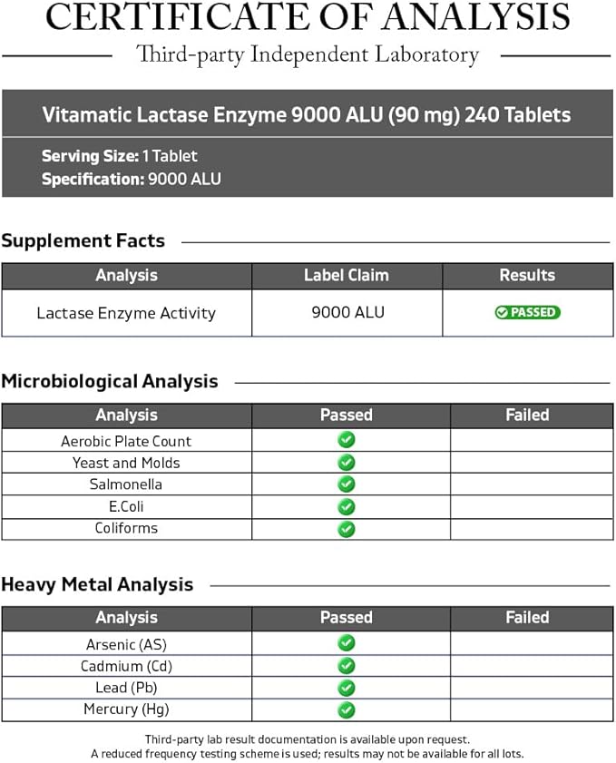 Vitamatic Lactase Enzyme 9000 FCC 240 Tablets - Lactose Intolerance Relief Caplets- 2 Pack