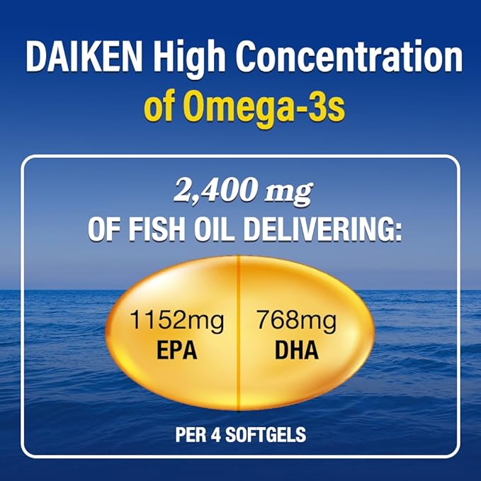 DAIKEN Mini Fish Oil 1200 mg rTG Omega 3 1000mg 60 Softgels High Absorption &amp Burpless Fish Oil for Healthy Heart Brain and Dry Eyes Support
