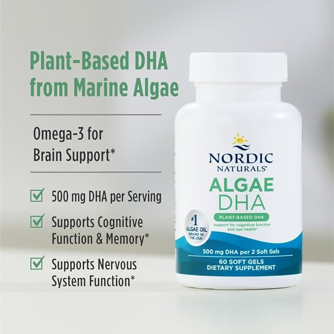 Nordic Naturals Algae DHA - 90 Soft Gels - 500 mg Omega-3 DHA - Certified Vegan Algae Oil - Plant-Based DHA - Brain Eye &amp Nervous System Support - Non-GMO - 45 Servings