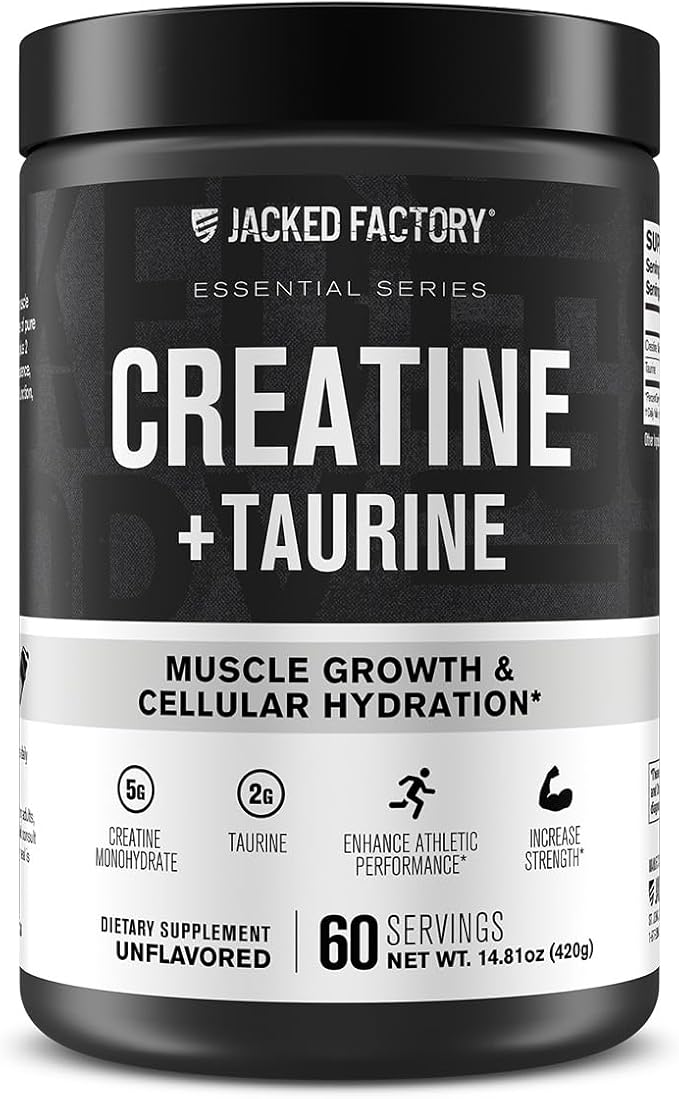 Jacked Factory Creatine + Taurine - Creatine Monohydrate 5000mg with Taurine 2000mg for Increased Muscle Strength &amp Cellular Hydration - 60 Servings Unflavored
