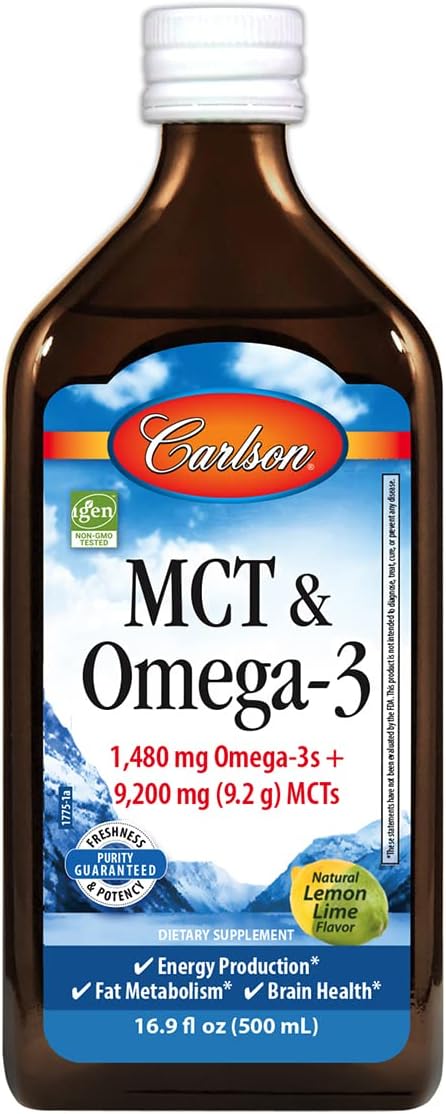 Carlson - MCT &amp Omega-3 1480 mg Omega-3s 9200 mg MCTs Keto-Friendly Caprylic &amp Capric Acids Energy Production Fat Metabolism Lemon-Lime 500 mL (16.9 Fl Oz)