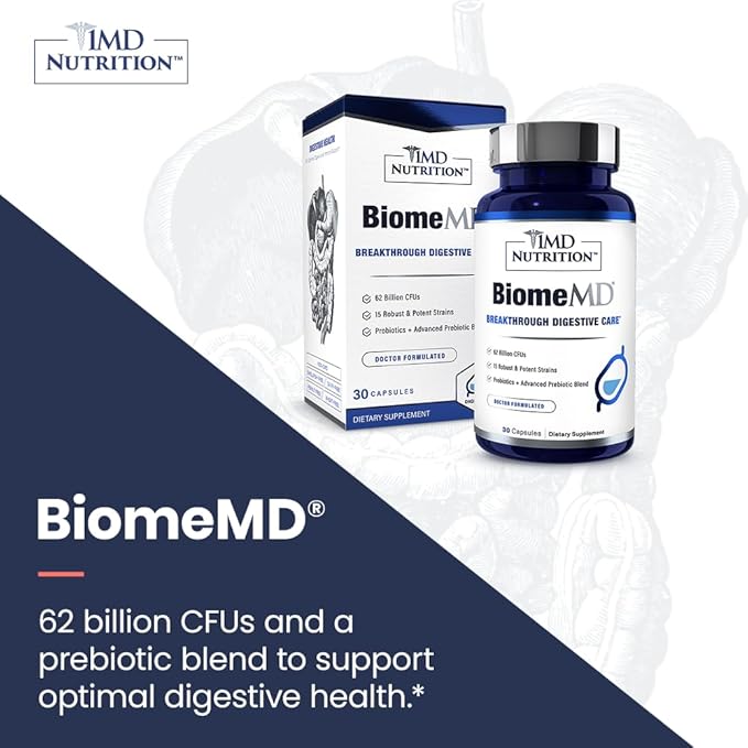 1MD Nutrition BiomeMD Probiotics | 62 Billion CFUs 15 Comprehensive Strains - Pro &amp Prebiotics | Doctor-Formulated for Digestive Health &amp Immune Support | 60 Capsules