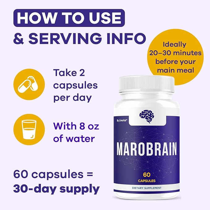 (2 Pack) Marobrain Capsules - Official Marobrain Supplement Pills Daily Support Brain &amp Mermory Focus All Natural Advanced Premium Formula for Overall Health &amp Wellness 120 Capsules for 2 Mo
