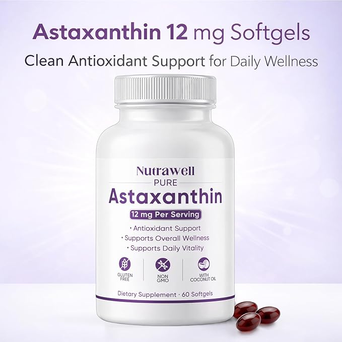 NutraWell Astaxanthin 12mg with Coconut Oil Antioxidant Support Supplement Non-GMO Gluten Free 60 Softgels
