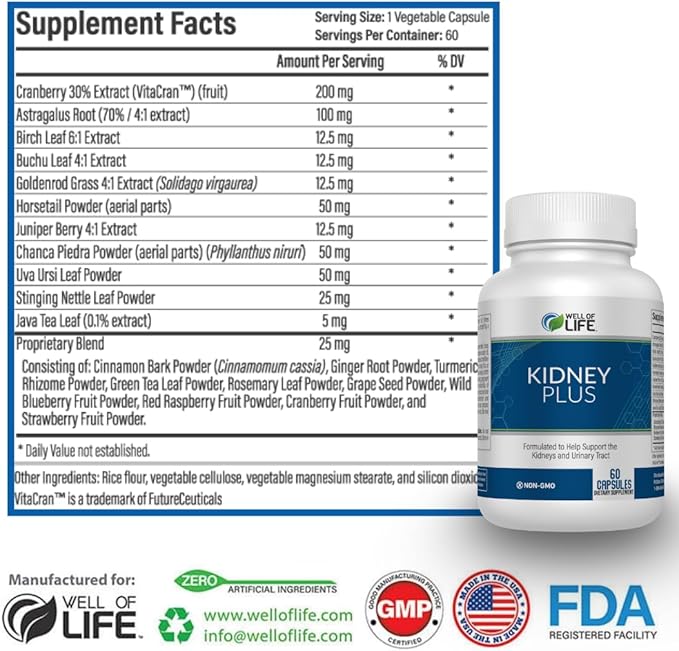 Well of Life: Kidney Plus 600mg with Cranberry Extract Astragalus Root Java Tea-Leaf &amp antioxidants for Overall Well-Being Helps Healthy Kidney Function &amp Urinary Tract Wellness 60 Capsule