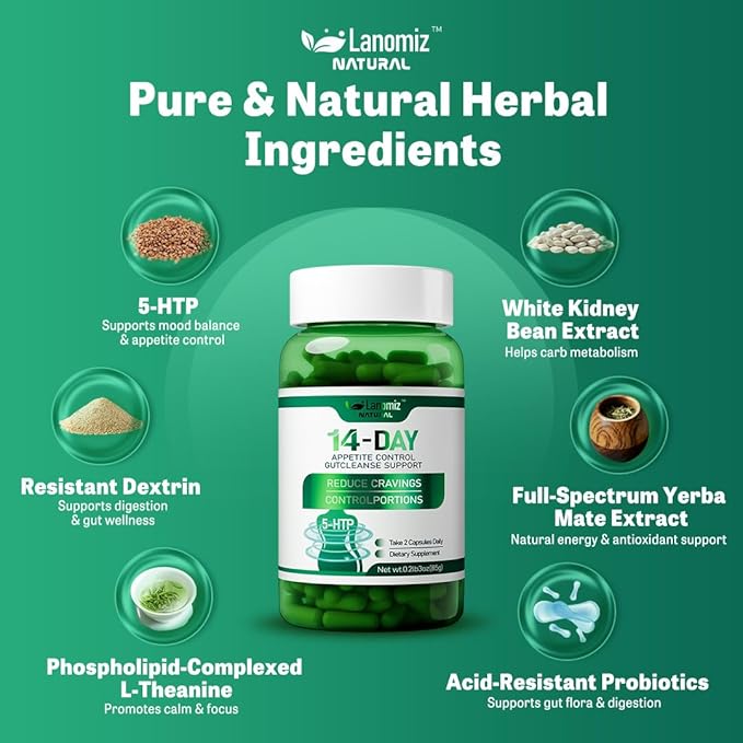 14DAY Appetite &amp Craving Control Gut Health Complex Featuring Delayed-Release Probiotics &amp White Kidney Bean Extract 5-HTP(5-hydroxytryptophan) 60 Vegetarian Capsules