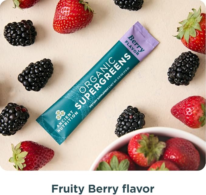 Ancient Nutrition SuperGreens Powder with Probiotics Organic Berry Flavor Greens Made from Real Fruits Vegetables and Herbs Digestive and Energy Support 16 Stick Packs 4.2oz