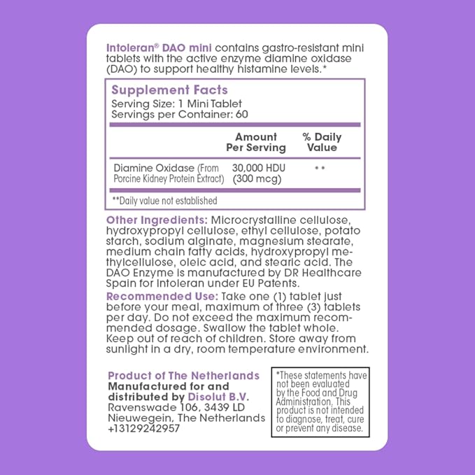 Intoleran DAO Mini Digestive Enzymes - 60 Tablets | Supplement for Histamine Intolerance &amp DAO Deficiency | Healthy Histamine Levels | 30000 HDU Pure Diamine Oxidase (DAO) Enzyme | Coated