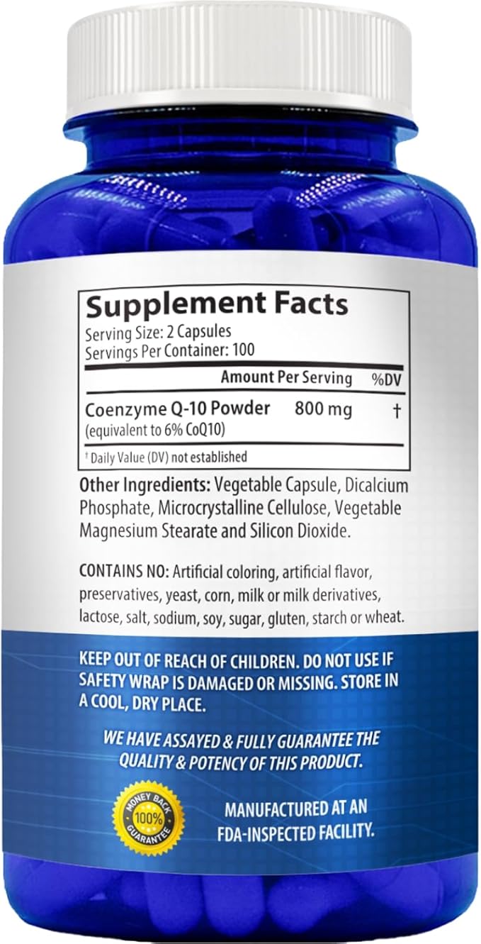 CoQ10 800mg Capsules | Vegan Friendly Coenzyme Q10 800mg from Easy Absorption Ubiquinone Supplement for Skin Heart and Energy Support | Made in The USA in cGMP Facilities (100 Servings)