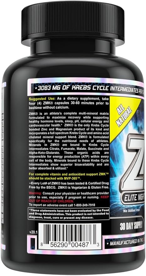 MST ZMK (Zinc &amp Magnesium as Krebs Chelates (as Citrate Fumarate Malate Succinate Alpha-Keto-Glutarate. With Mineral Support Blend &amp Trace Minerals. Support ATP Sleep Muscle Recovery 12