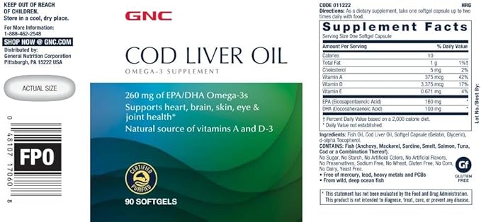 GNC Cod Liver Oil Omega 3 Supplement 260mg EPA and DHA Supports Heart Brain Skin Eye and Joint Health 90 Softgels (Pack of 2)