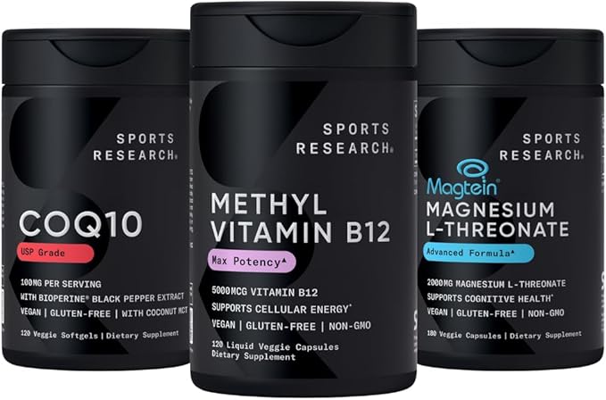 Sports Research® Celular Energy Pack - Plant Based Vitamin B12 as Methylcobalamin 5000mcg + CoQ10 100mg Enhanced w/Coconut Oil &amp Bioperine + High-Absorption Magtein® 2000mg