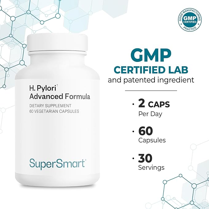Supersmart H. Pylori Advanced Formula (Mastic Gum Probiotics &amp Prebiotic) - Complete Action | Made in USA | Non-GMO &amp Gluten Free - 60 Vegetarian Capsules