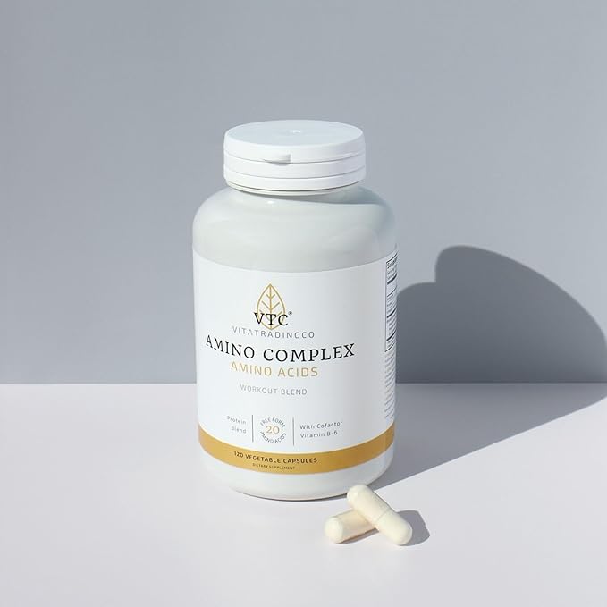 VTC VitaTradingCo. Amino Complex Protein Blend | 20 Free Form Peptide-Bound Amino Acids | with Vitamin B6 | for Muscle Recovery &amp Growth | 120 Veggie Capsules