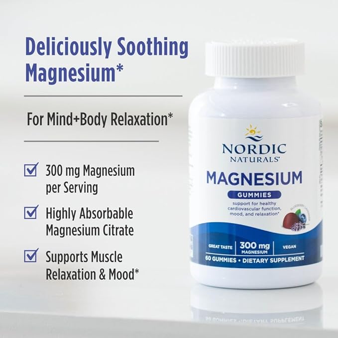 Nordic Naturals Magnesium Gummies for Adults Blueberry Lavender Flavor - 60 Gummies - Vegan Magnesium Supplement for Mind Mood and Cardiovascular Support - Non-GMO - 20 Servings