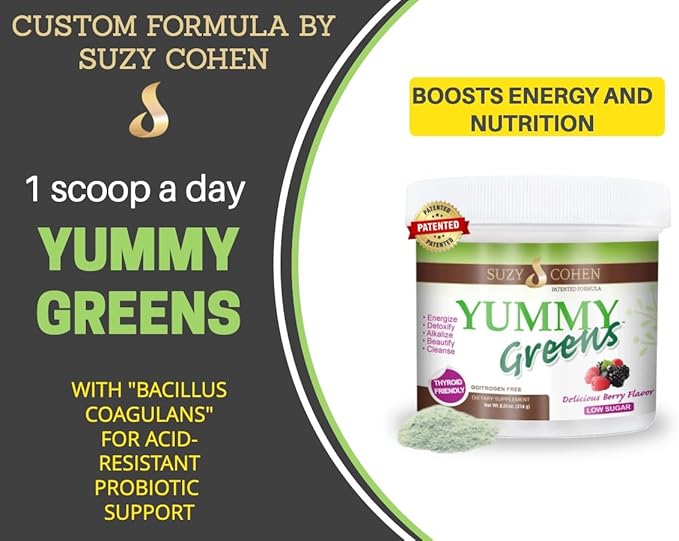 Yummy Greens Drink Mix with Sea Lettuce Dulse Acai Pineapple and probiotic for Energy Vitality and Wellness. Product is Patented Gluten Free Thyroid Friendly