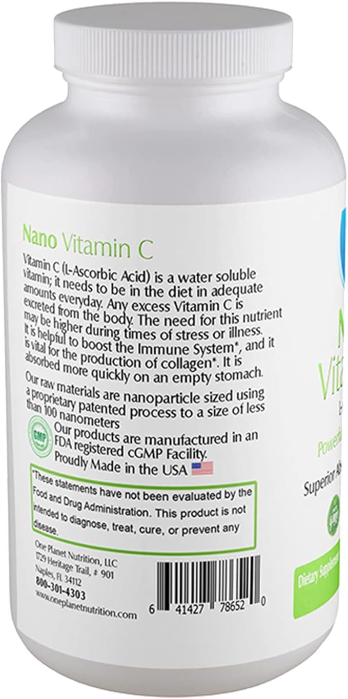One Planet Nutrition Nano Vitamin C 250 mg Veggie Capsules (240 Servings) Ascorbic Acid from Lime Extract Nano for Enhanced Absorption Supports Collagen Production &amp Immune Health Non-GMO Veg