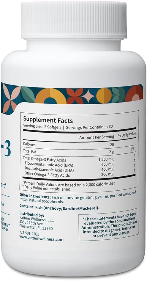 Pattern Wellness Omega 3 Softgels - Pure Fish Oil Formula - Helps Maintain Brain Heart &amp Joint Health - 3rd Party Lab Tested - Non-GMO Dairy-Free Gluten-Free - 60 Softgels