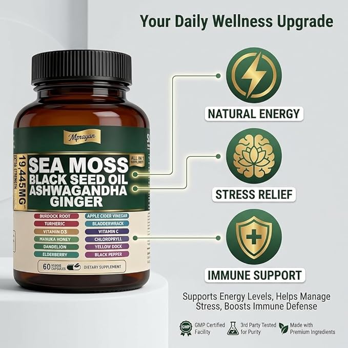 Sea Moss Black Seed Oil Ashwagandha Capsules - 10:1 Extract Blend 60ct