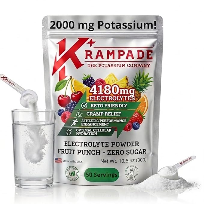 Krampade High Potassium Electrolytes Powder Zero Sugar Fruit Punch 4180mg Electrolytes 2000mg Potassium Cramp Relief &amp Prevention Cellular Hydration Better Endurance &amp Recovery Keto 50