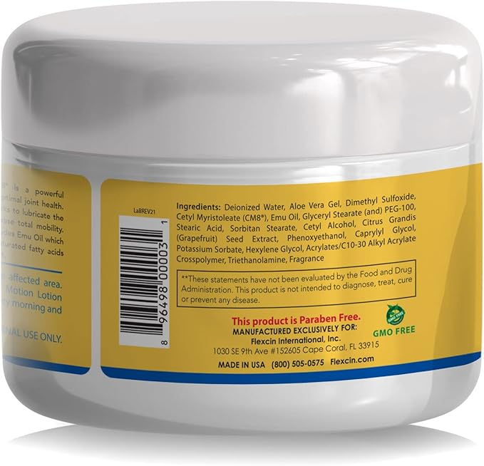 Flexcin Motion Lotion with CM8 - Joint &amp Muscle Therapy Cream for Back Neck Knee Hand Foot - Fast Absorbing with DMSO Emu Oil Aloe Vera - Non-Greasy 4oz Jar