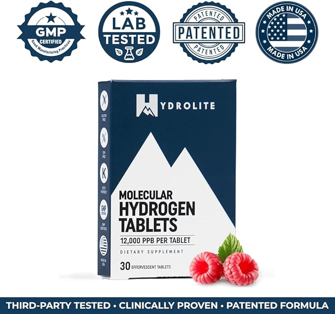 HydroLite Molecular Hydrogen Tablets for Drinking Water | Highest Concentration H2 12000 PPB | Energy Booster Enhance Performance &amp Recovery | Made in USA 30 Tablets (Raspberry)