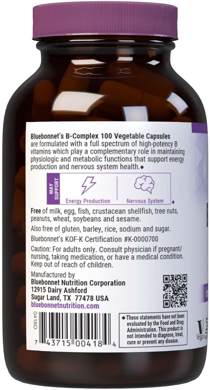 Bluebonnet Nutrition B Complex Complete Full Spectrum Vitamin B6 B12 Biotin Folate Vegan Vegetarian Gluten Soy &amp Milk Free Kosher 100 Count