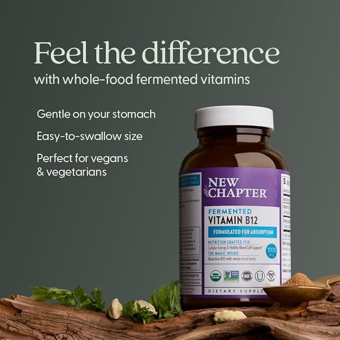 New Chapter Fermented Vitamin B12 1000 mcg USDA Organic ONE Daily for Cellular Energy + Healthy Blood Cells Certified Vegan Gluten Free - 60 Count