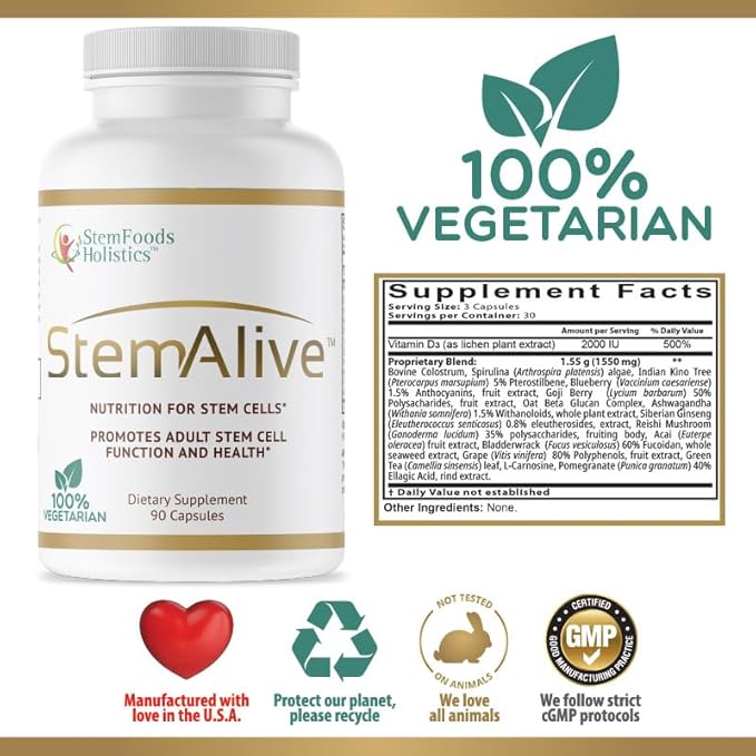 StemAlive - Promotes stem Cell Nutrition Function and Health 90 Capsules from 100% Natural Sources