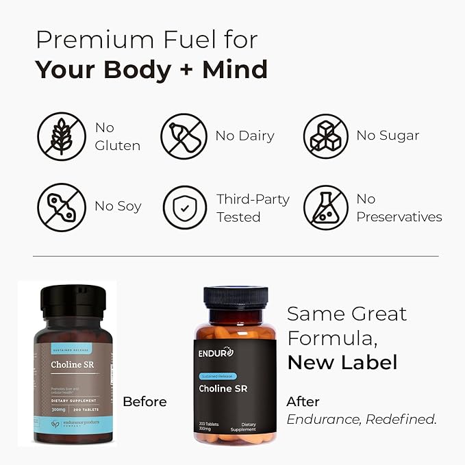 ENDUR - Choline L(+) Bitartrate - SR (Sustained Release) 300 mg - Brain Liver Cellular &amp Fetal Development - Pregnancy Support - Optimal 6–8 Hour Absorption Delivery - 200 Tablets