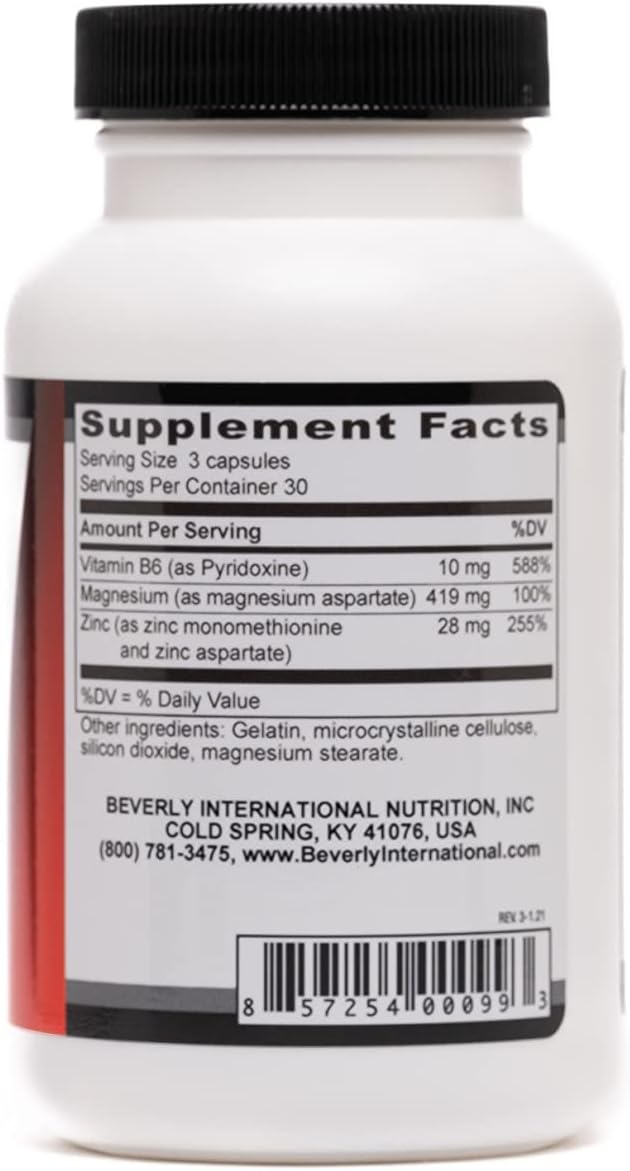 Beverly International ZMA 2000 90 Capsules. BI’s Formulation is Designed to Improve Muscle Strength Endurance Immune System Support and Recovery Post Training. Zinc Magnesium Aspartate + Vitamin B6